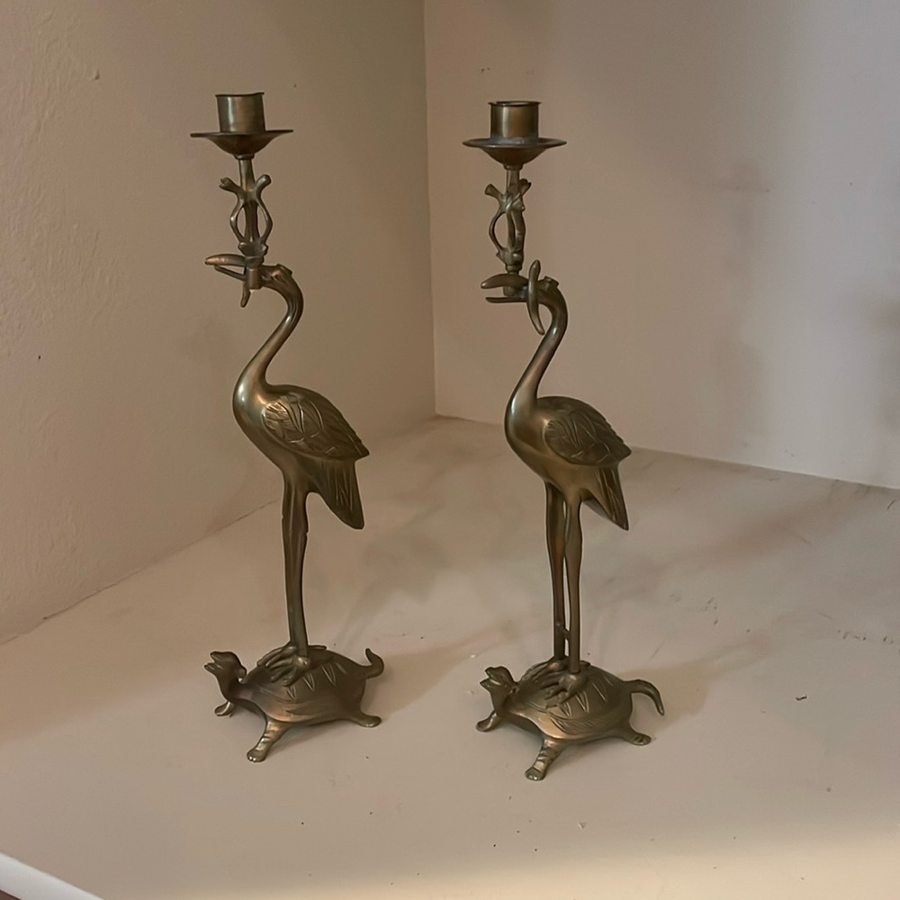 Vintage Hollywood Regency Asian Crane Figural Brass Candlestick Holders, Pair